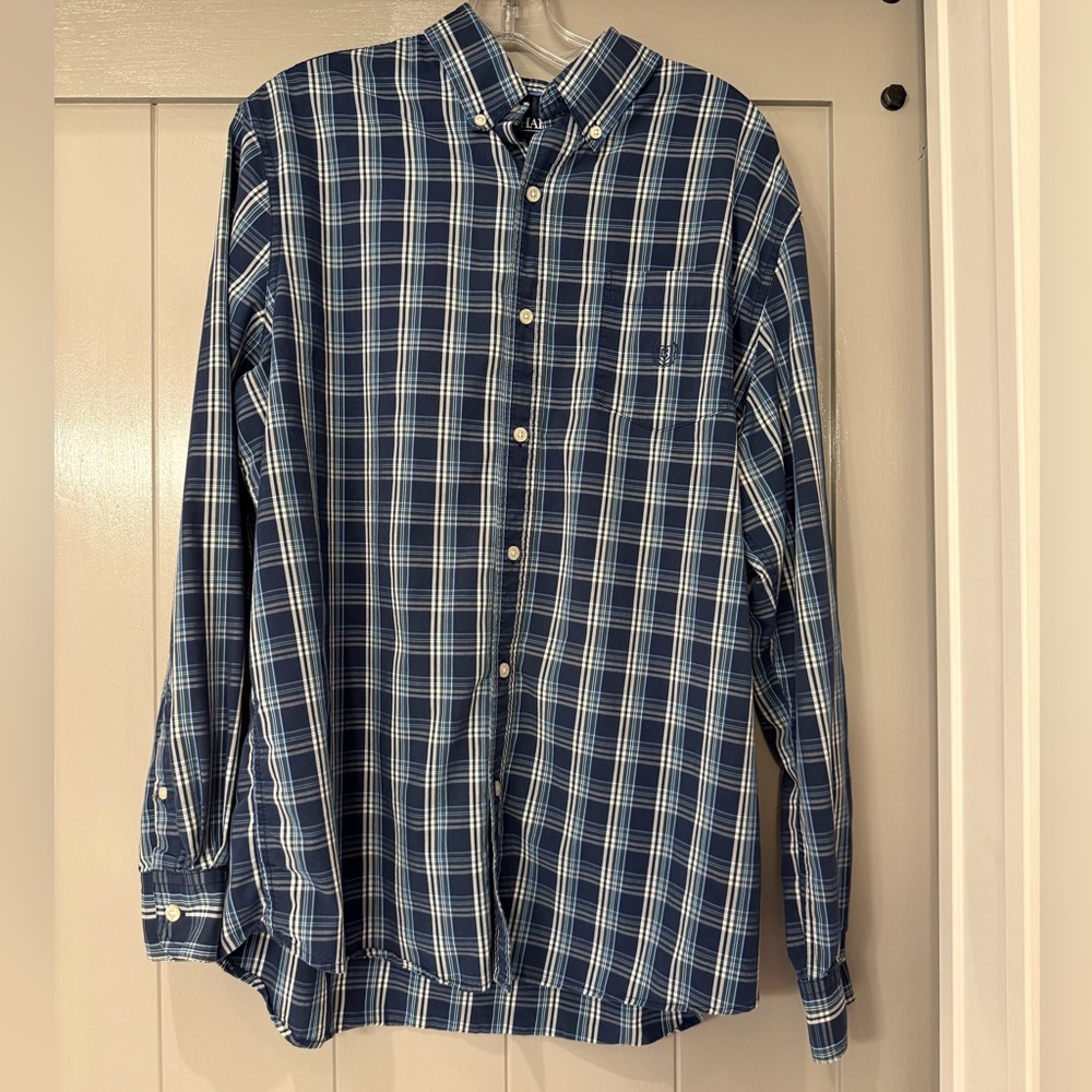 Chaps Stretch Navy White Checkered Men’s Button Down‎ Shirt L
